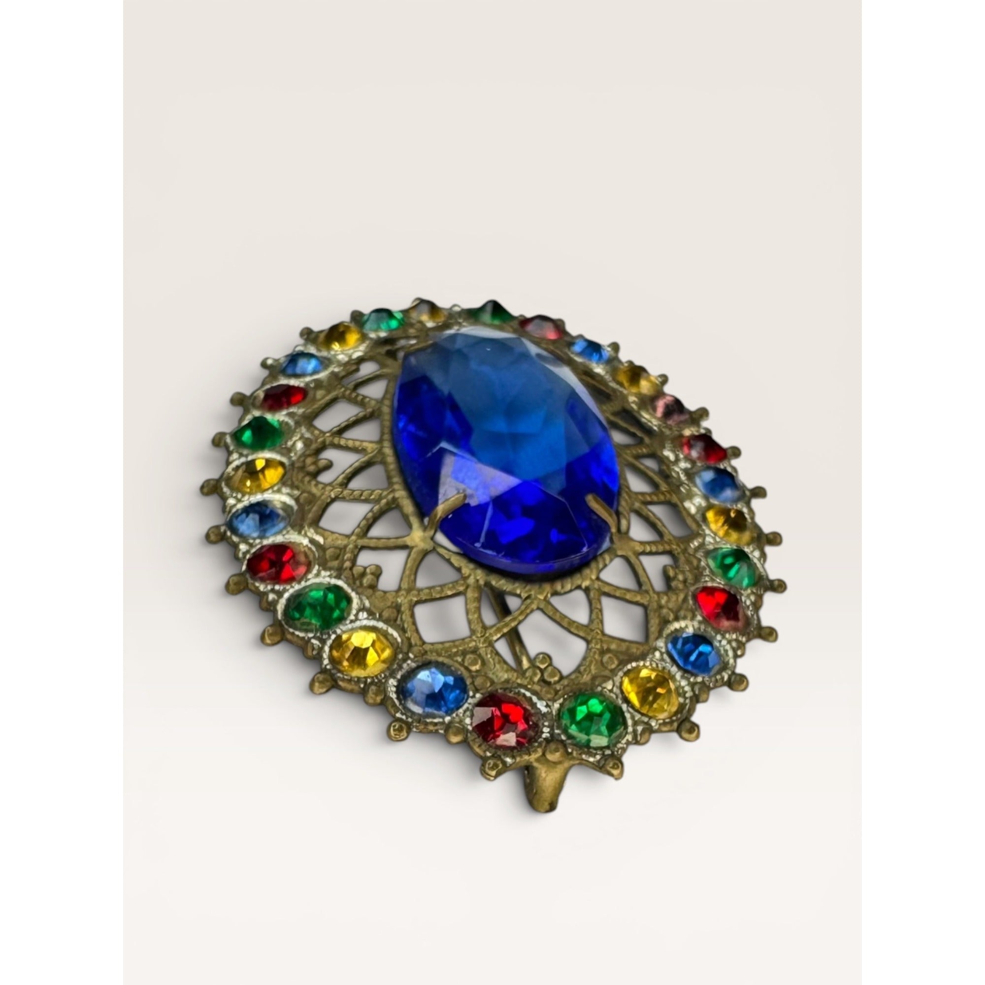 Brass Filigree Oval Brooch Blue Molded Glass Multicolor Crystals Art Deco