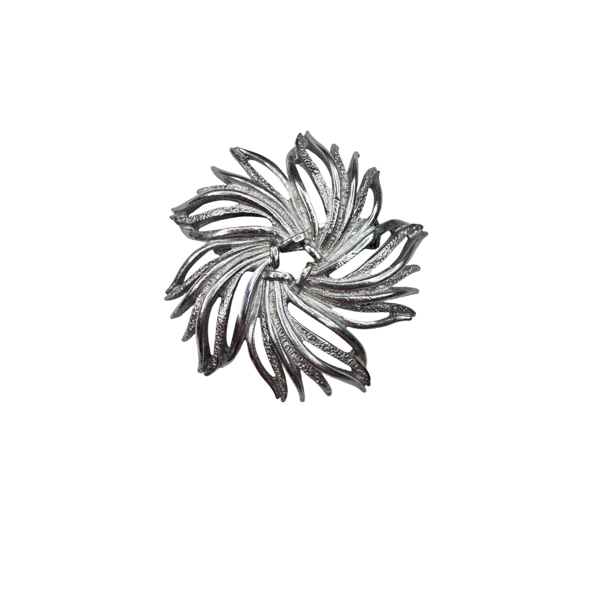 Unsigned Silver Tone Abstract Starburst Brooch Modernist Swirl 1960s Vintage