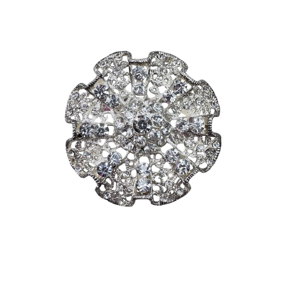 Unsigned Ruffled Crystal Brooch Silver Tone Rhinestone Rosette Modern