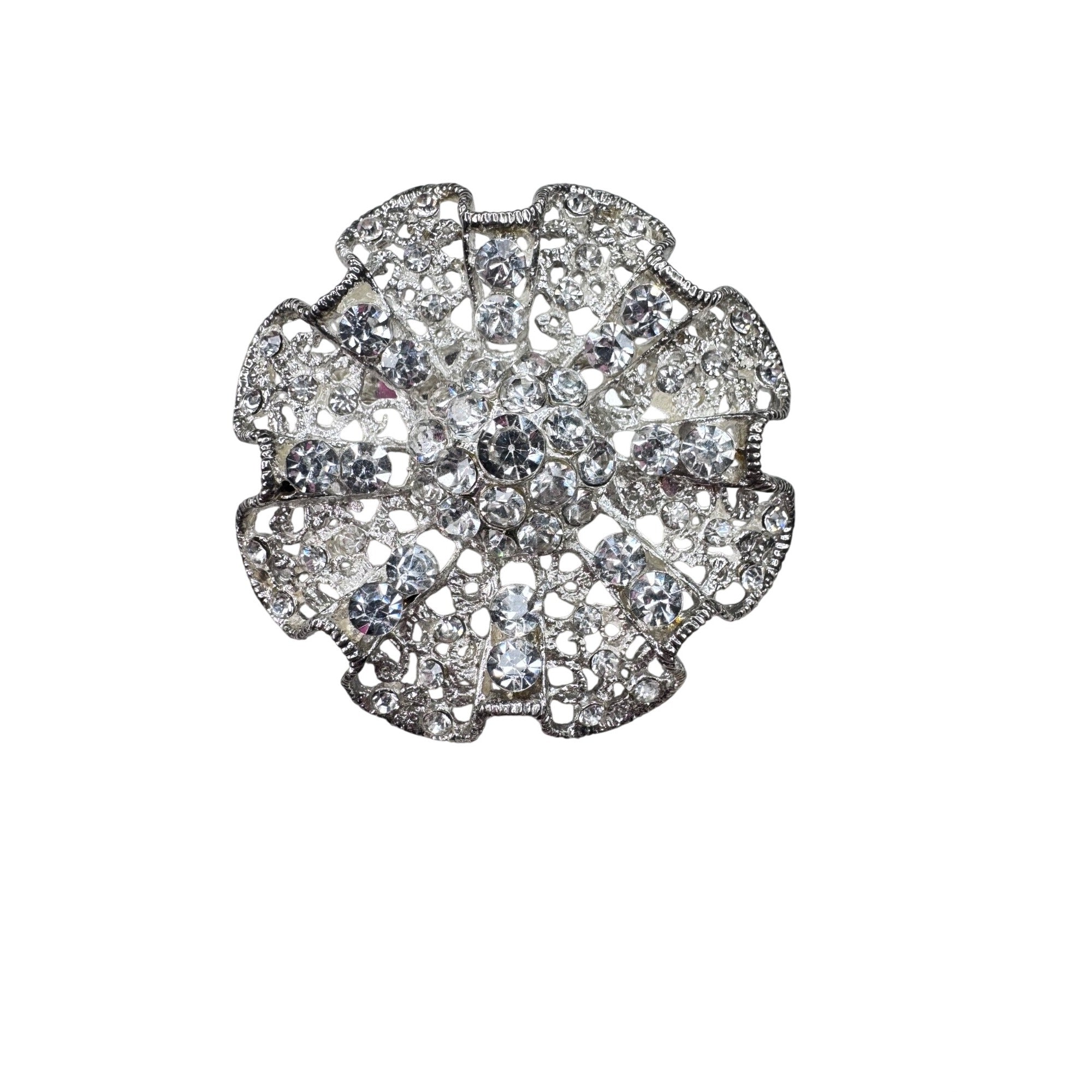 Unsigned Ruffled Crystal Brooch Silver Tone Rhinestone Rosette Modern