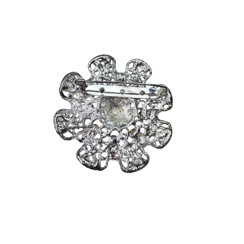 Unsigned Ruffled Crystal Brooch Silver Tone Rhinestone Rosette Modern