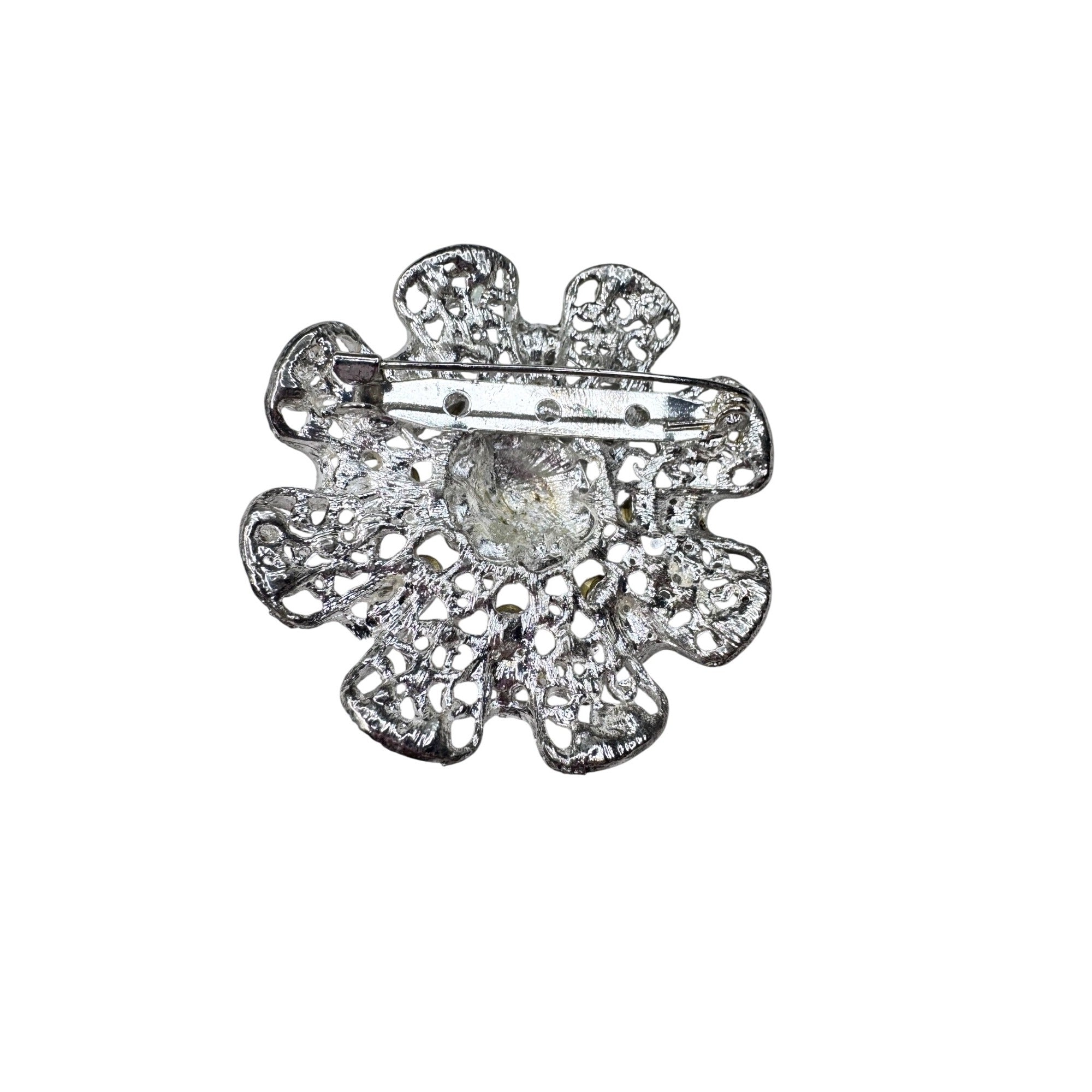 Unsigned Ruffled Crystal Brooch Silver Tone Rhinestone Rosette Modern