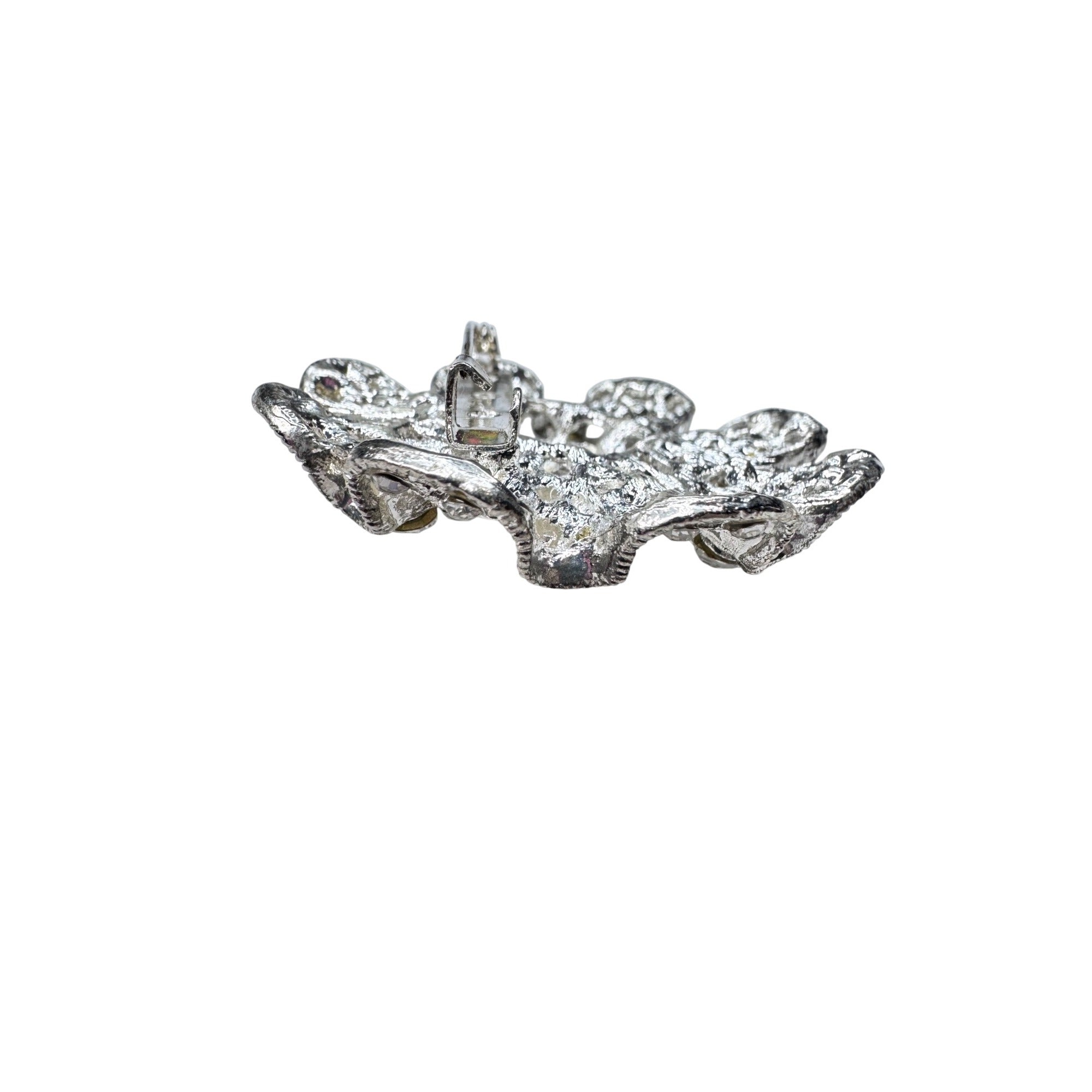Unsigned Ruffled Crystal Brooch Silver Tone Rhinestone Rosette Modern