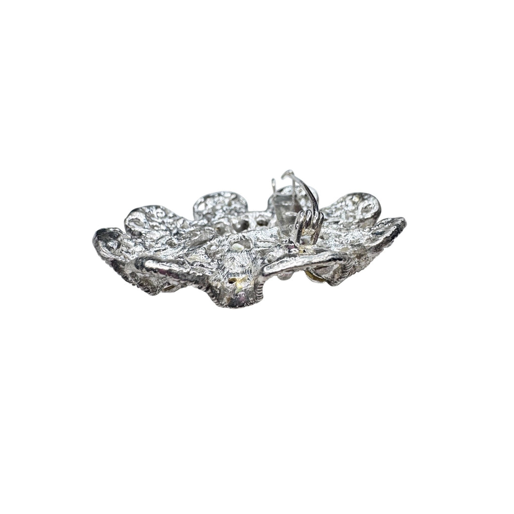 Unsigned Ruffled Crystal Brooch Silver Tone Rhinestone Rosette Modern