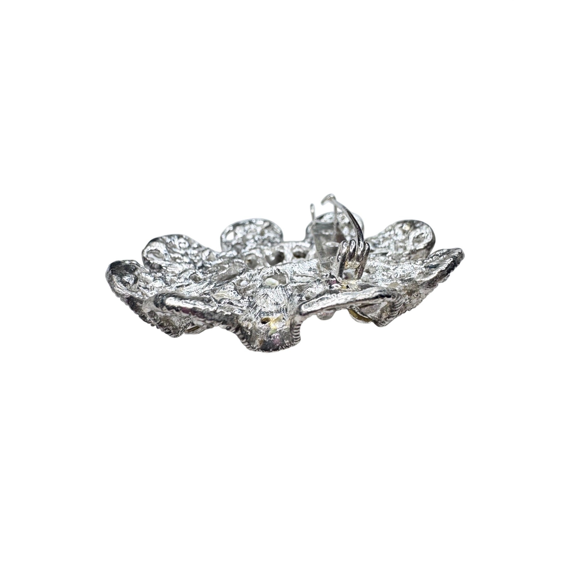 Unsigned Ruffled Crystal Brooch Silver Tone Rhinestone Rosette Modern