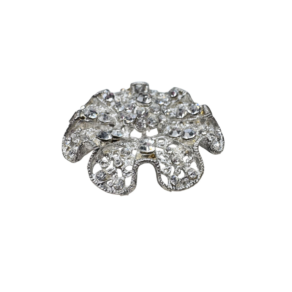 Unsigned Ruffled Crystal Brooch Silver Tone Rhinestone Rosette Modern