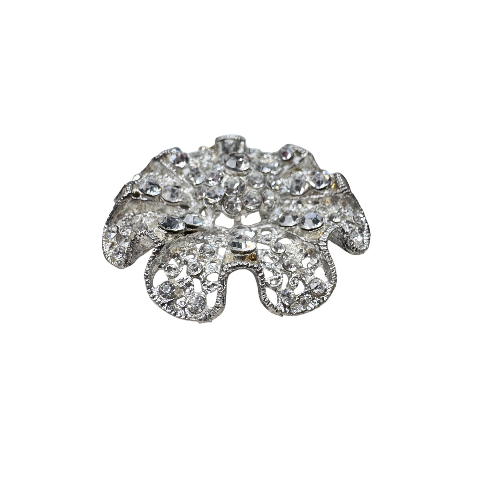 Unsigned Ruffled Crystal Brooch Silver Tone Rhinestone Rosette Modern
