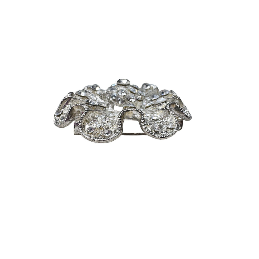 Unsigned Ruffled Crystal Brooch Silver Tone Rhinestone Rosette Modern