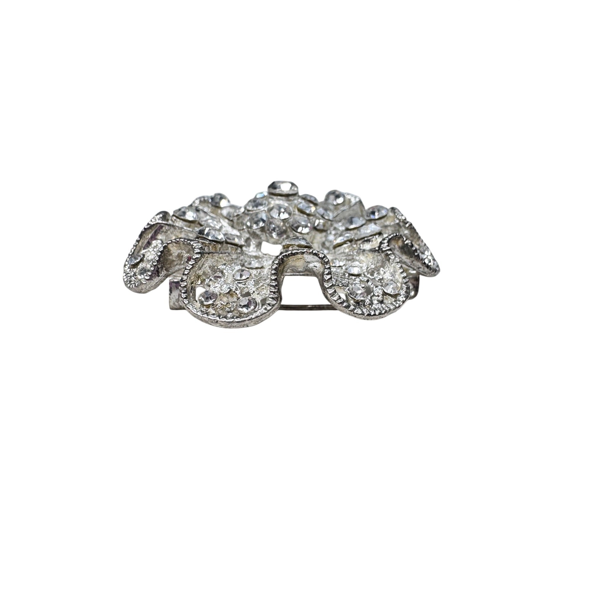 Unsigned Ruffled Crystal Brooch Silver Tone Rhinestone Rosette Modern