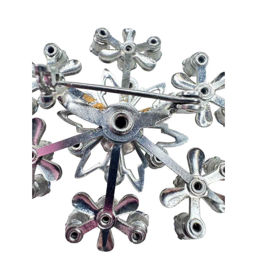 Unsigned Blue Crystal Snowflake Brooch Silver Tone 1950s Vintage