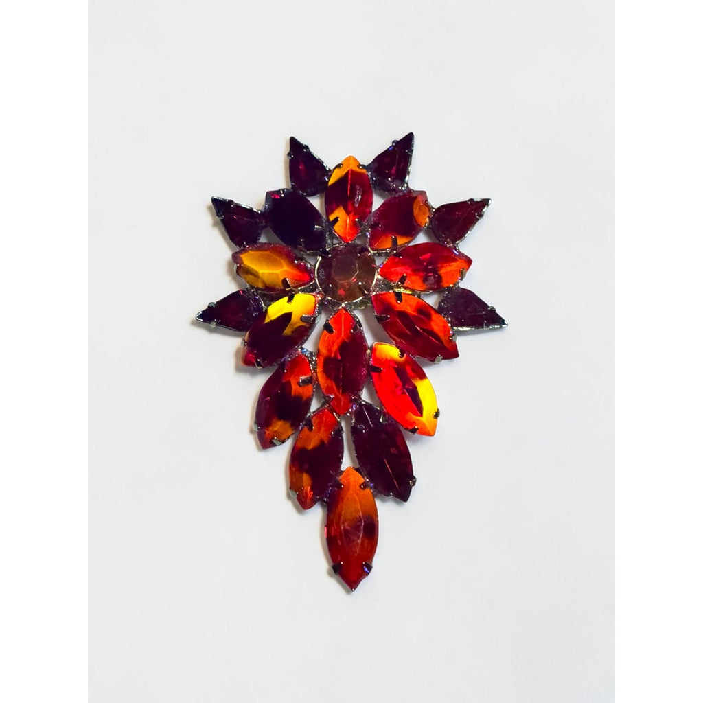 Red Crystal Floral Brooch Gold Tone Marquise Cluster Pin Vintage UV Glow