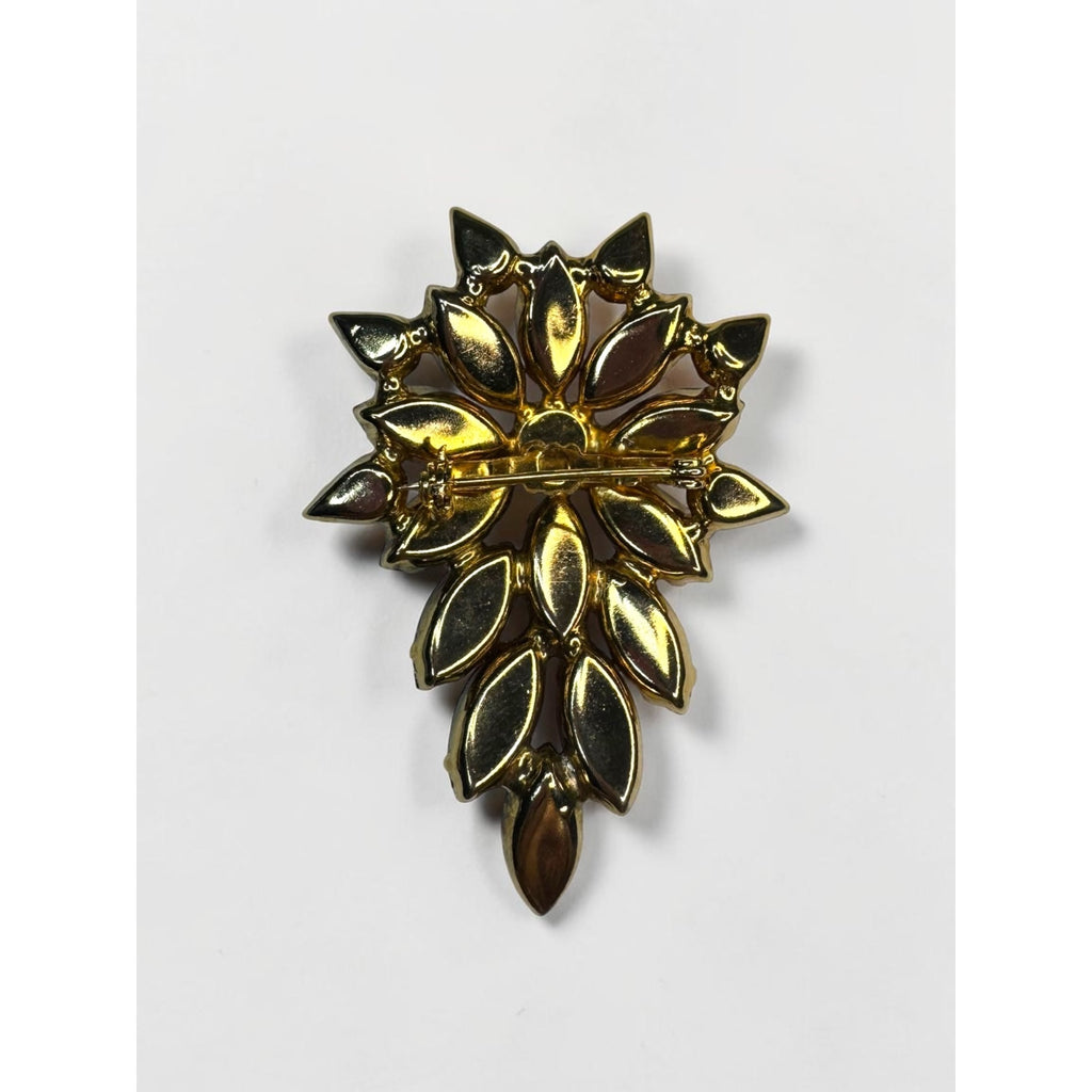 Red Crystal Floral Brooch Gold Tone Marquise Cluster Pin Vintage UV Glow