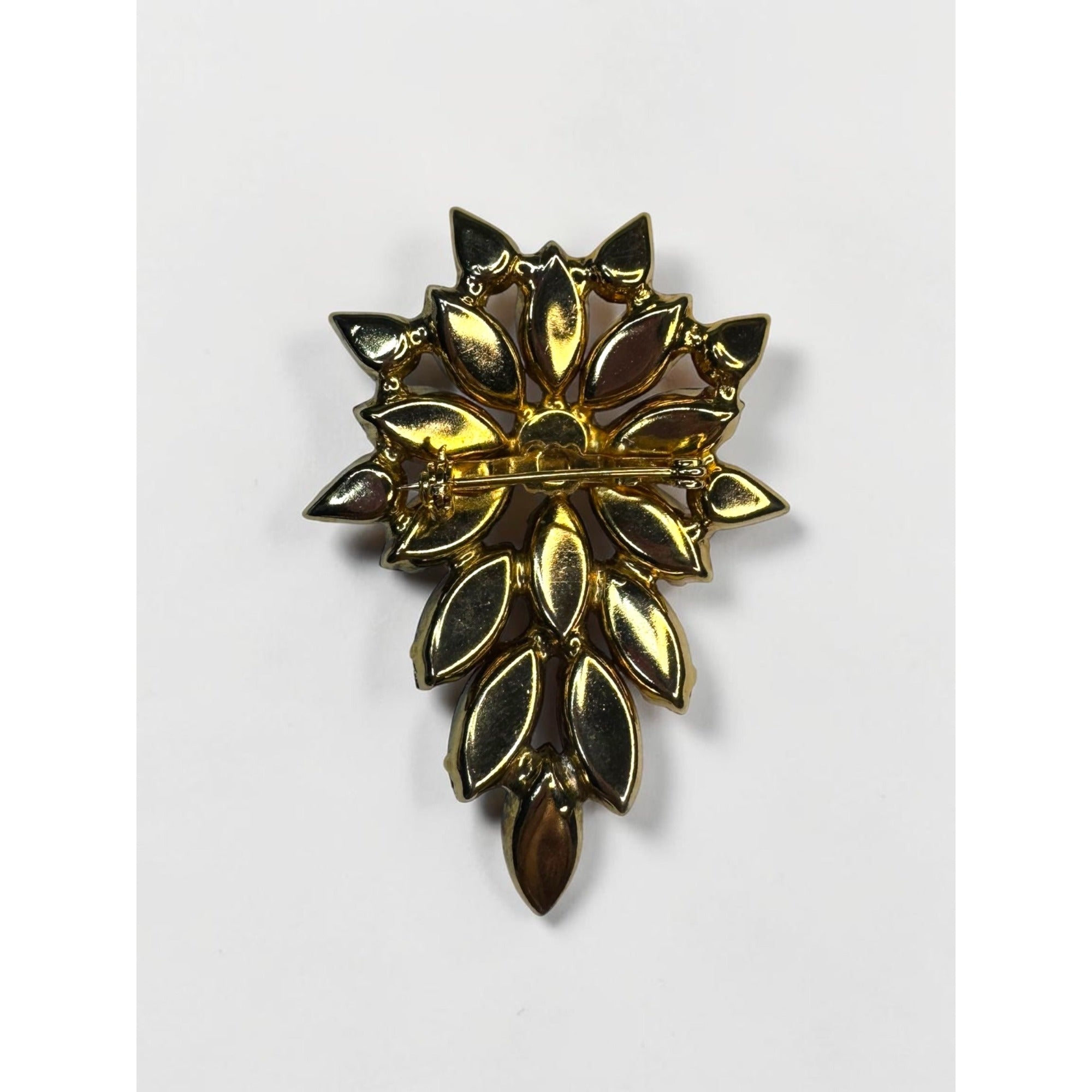 Red Crystal Floral Brooch Gold Tone Marquise Cluster Pin Vintage UV Glow