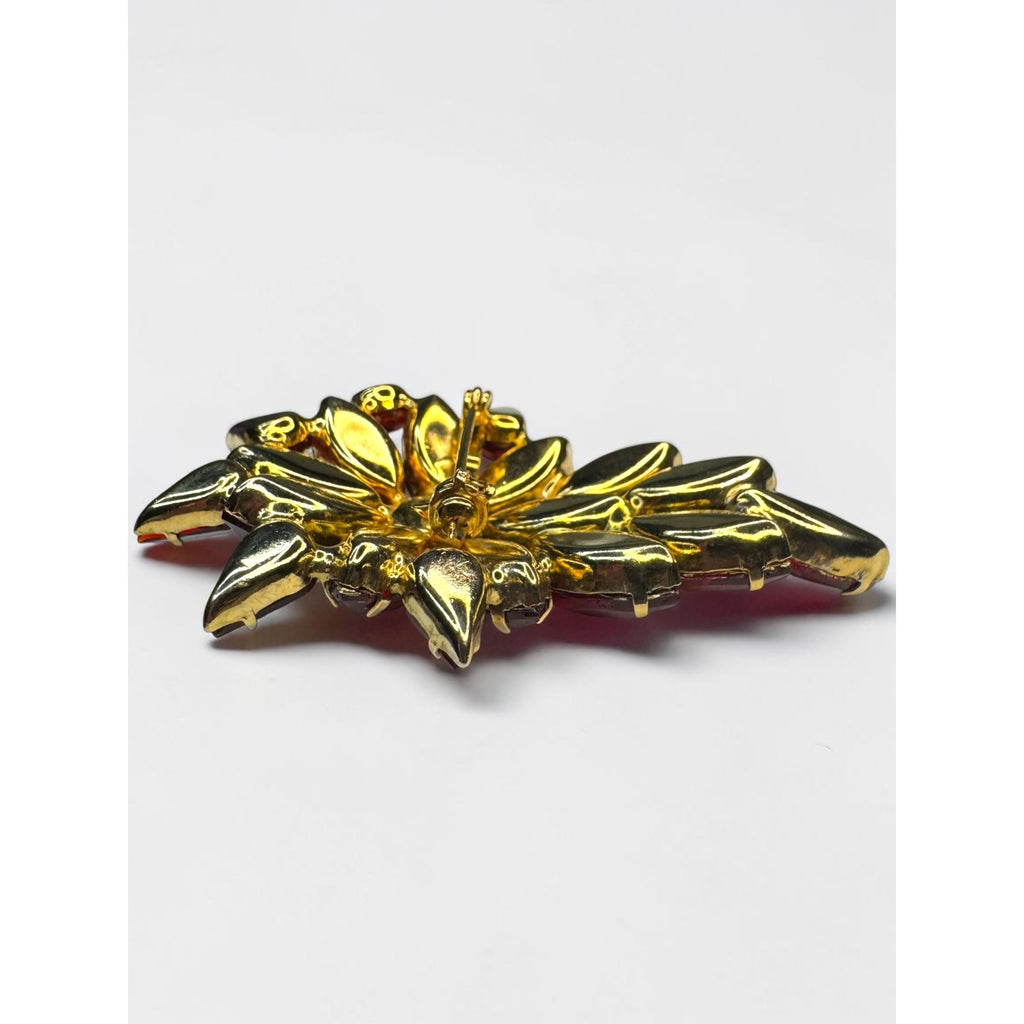 Red Crystal Floral Brooch Gold Tone Marquise Cluster Pin Vintage UV Glow