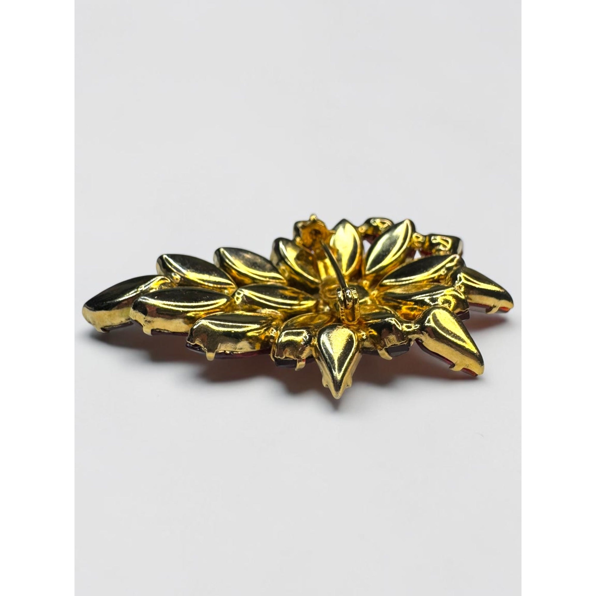 Red Crystal Floral Brooch Gold Tone Marquise Cluster Pin Vintage UV Glow