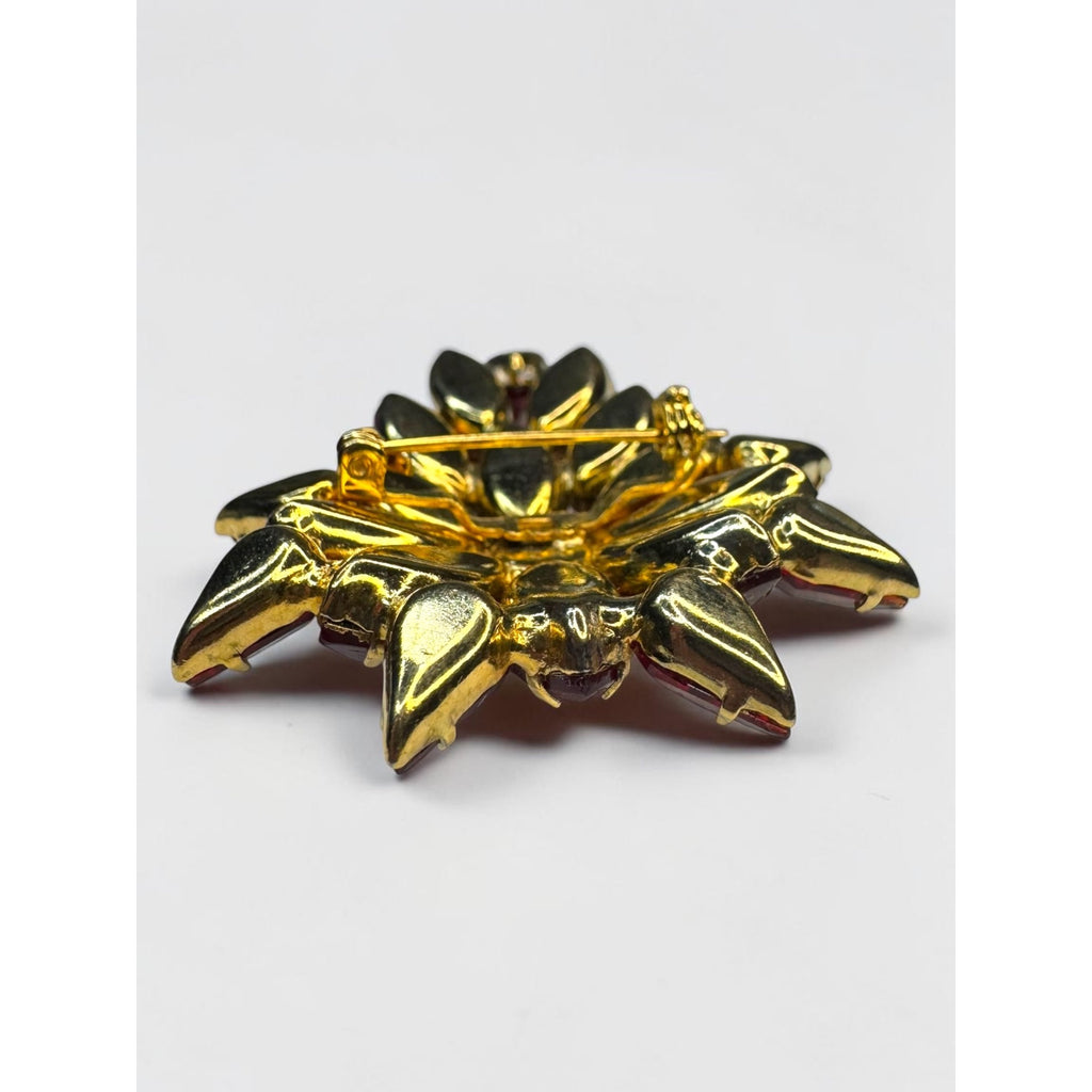 Red Crystal Floral Brooch Gold Tone Marquise Cluster Pin Vintage UV Glow