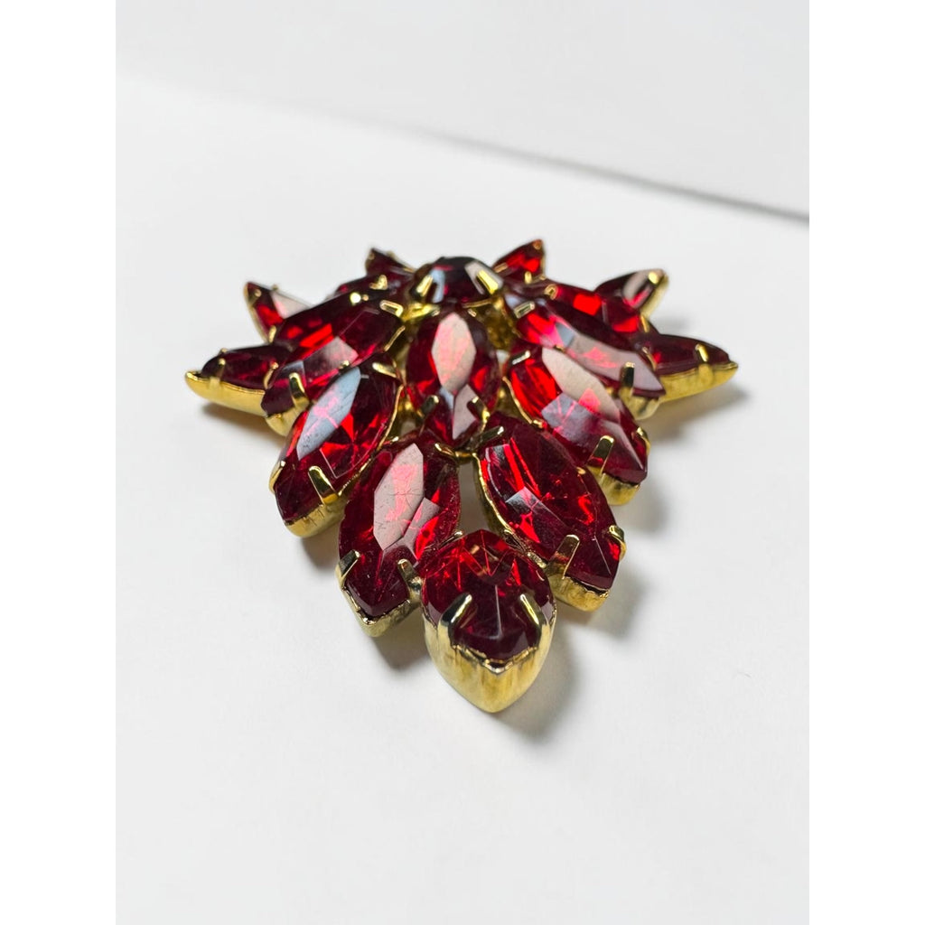 Red Crystal Floral Brooch Gold Tone Marquise Cluster Pin Vintage UV Glow