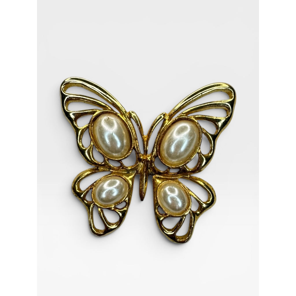 Gold Tone Butterfly Brooch Faux Pearl Openwork Wings Vintage Pin