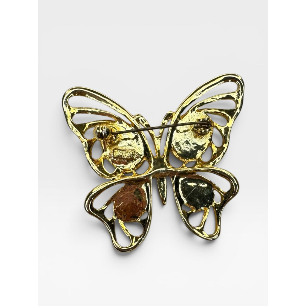 Gold Tone Butterfly Brooch Faux Pearl Openwork Wings Vintage Pin