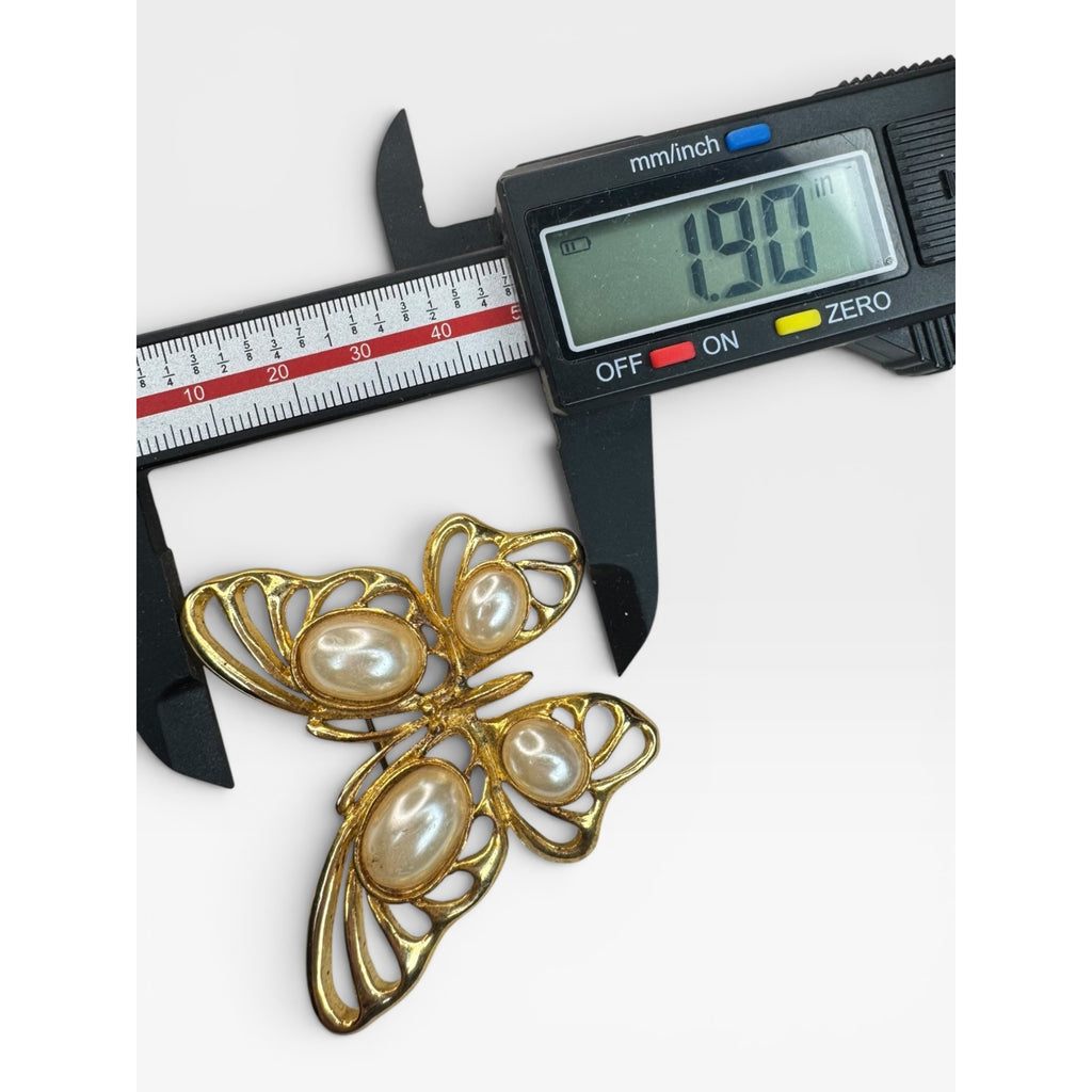 Gold Tone Butterfly Brooch Faux Pearl Openwork Wings Vintage Pin