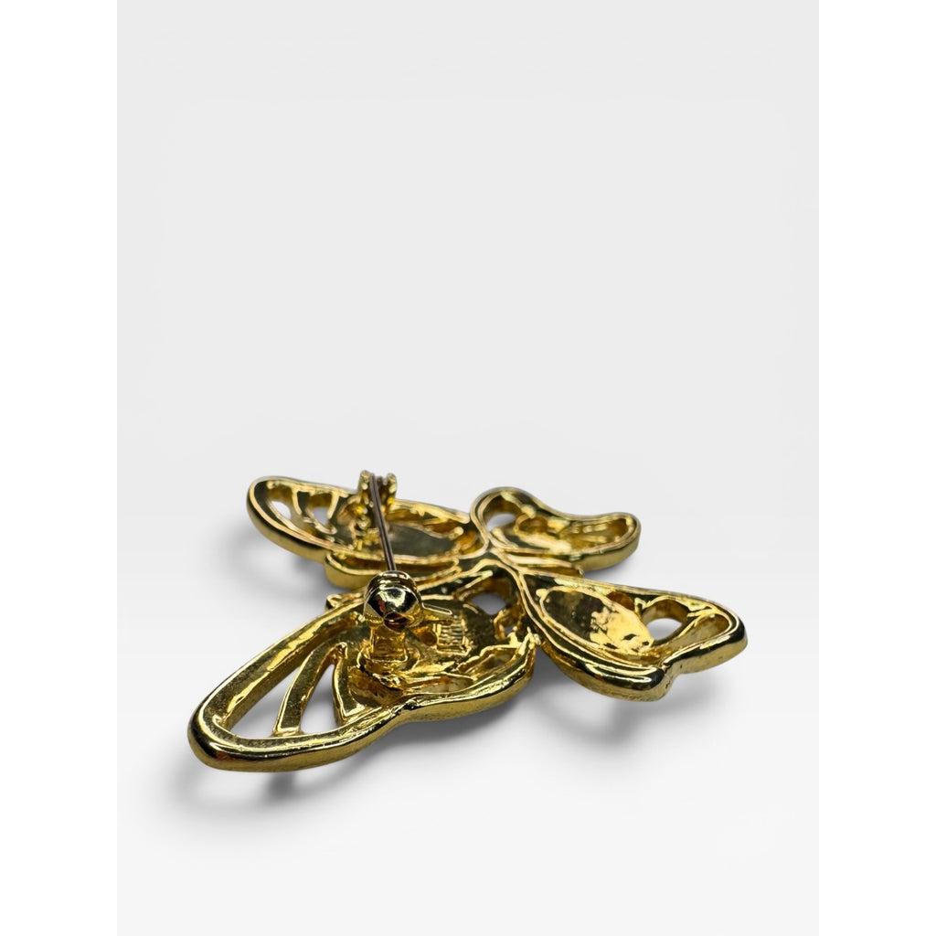 Gold Tone Butterfly Brooch Faux Pearl Openwork Wings Vintage Pin