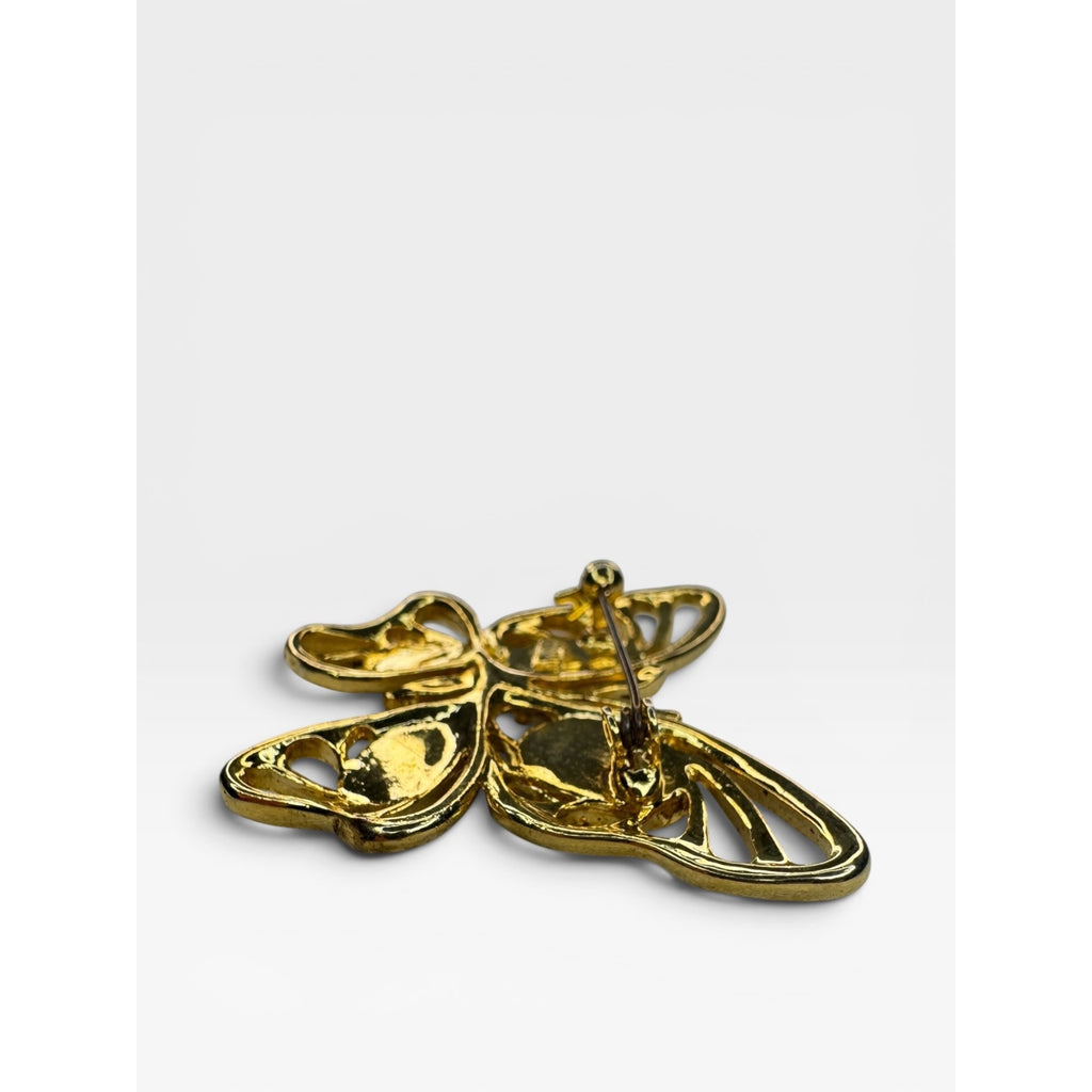 Gold Tone Butterfly Brooch Faux Pearl Openwork Wings Vintage Pin