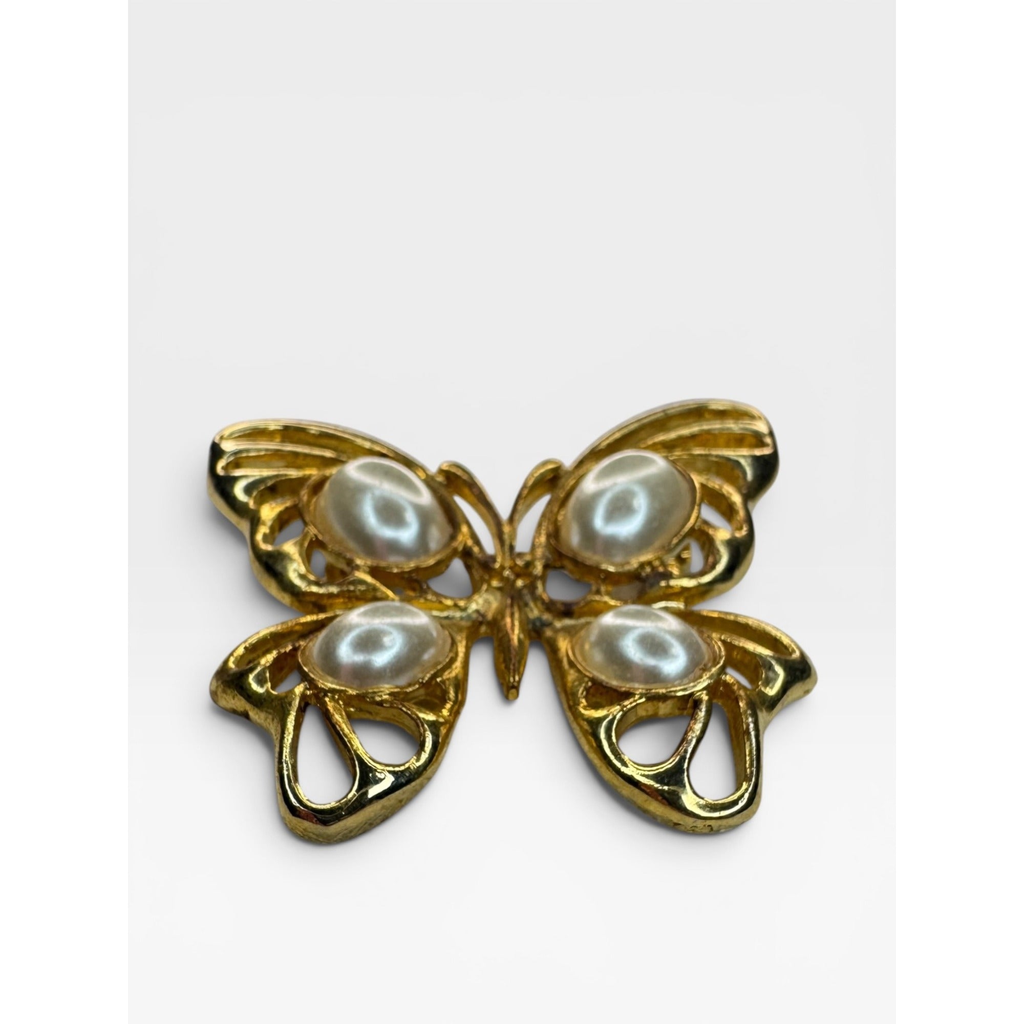 Gold Tone Butterfly Brooch Faux Pearl Openwork Wings Vintage Pin