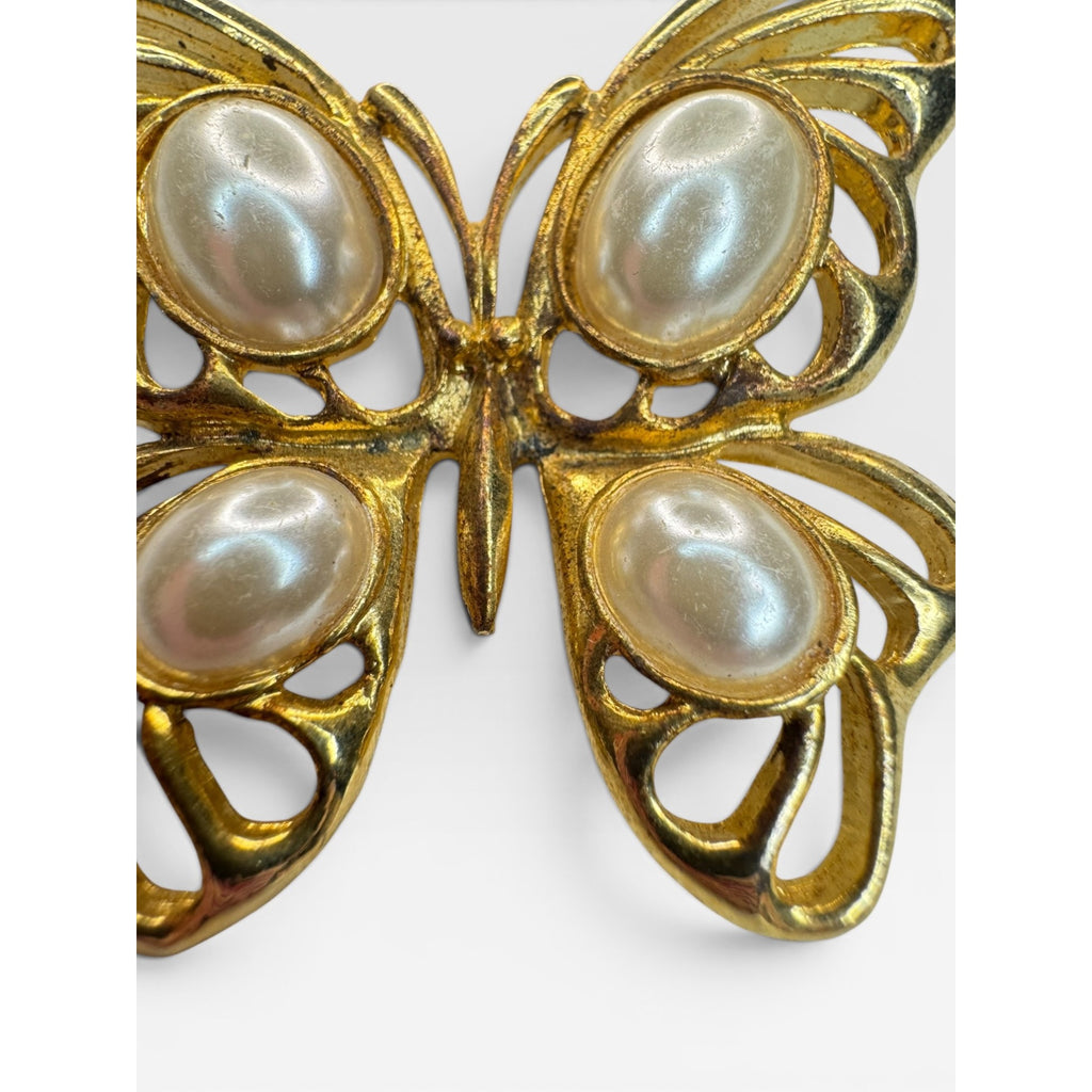 Gold Tone Butterfly Brooch Faux Pearl Openwork Wings Vintage Pin