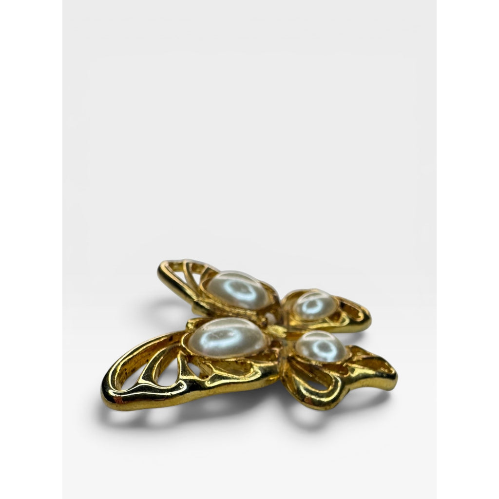 Gold Tone Butterfly Brooch Faux Pearl Openwork Wings Vintage Pin