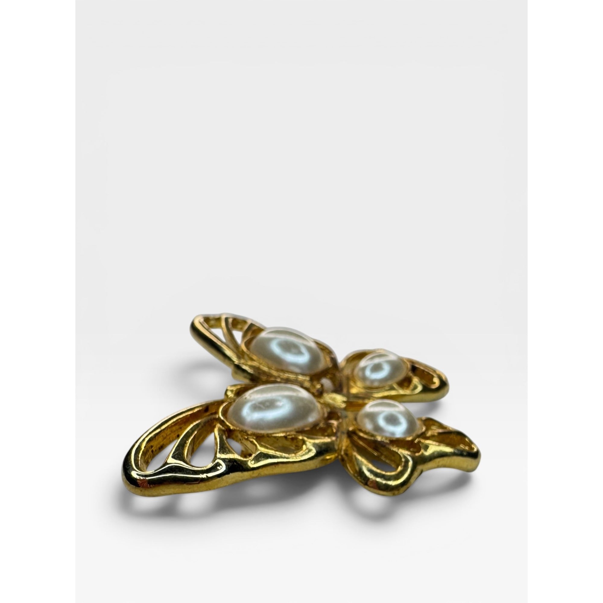 Gold Tone Butterfly Brooch Faux Pearl Openwork Wings Vintage Pin