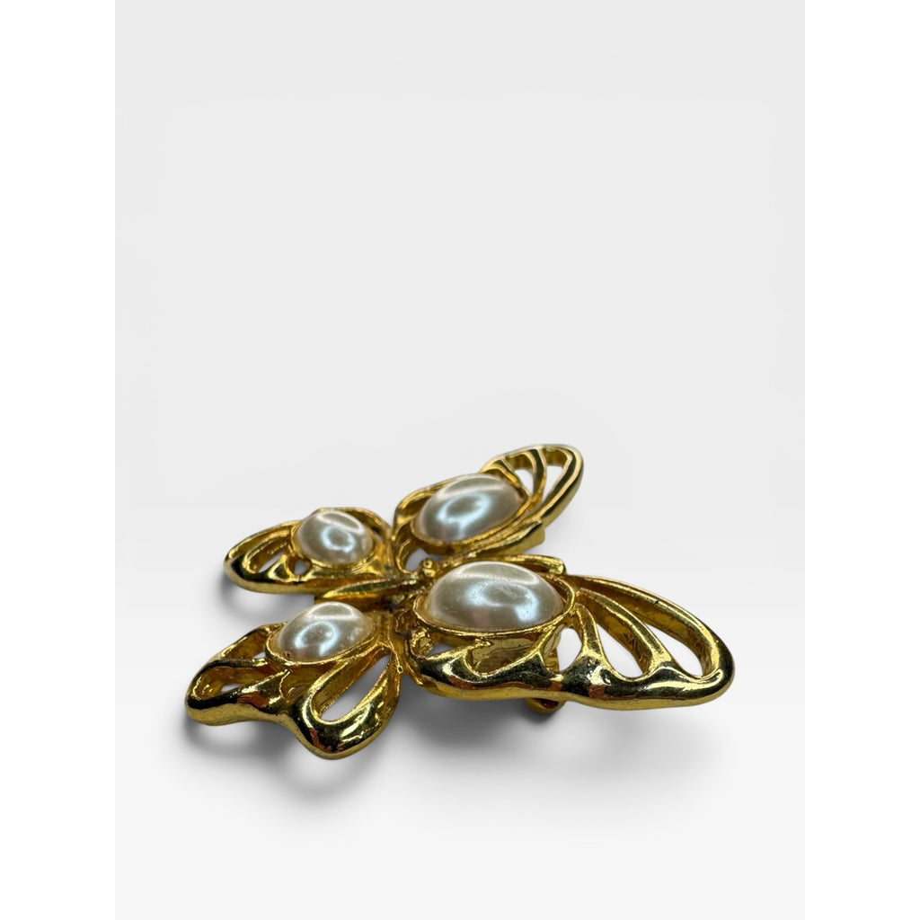 Gold Tone Butterfly Brooch Faux Pearl Openwork Wings Vintage Pin