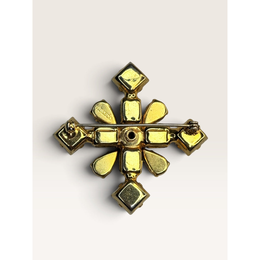 Vintage 1940s Weissco Emerald Green Rhinestone Maltese Cross Brooch Pin Signed