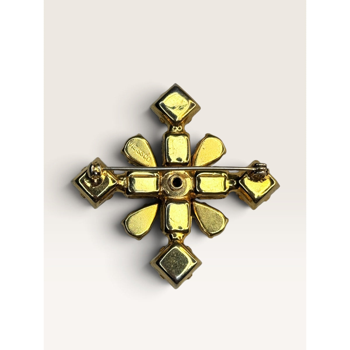 Vintage 1940s Weissco Emerald Green Rhinestone Maltese Cross Brooch Pin Signed