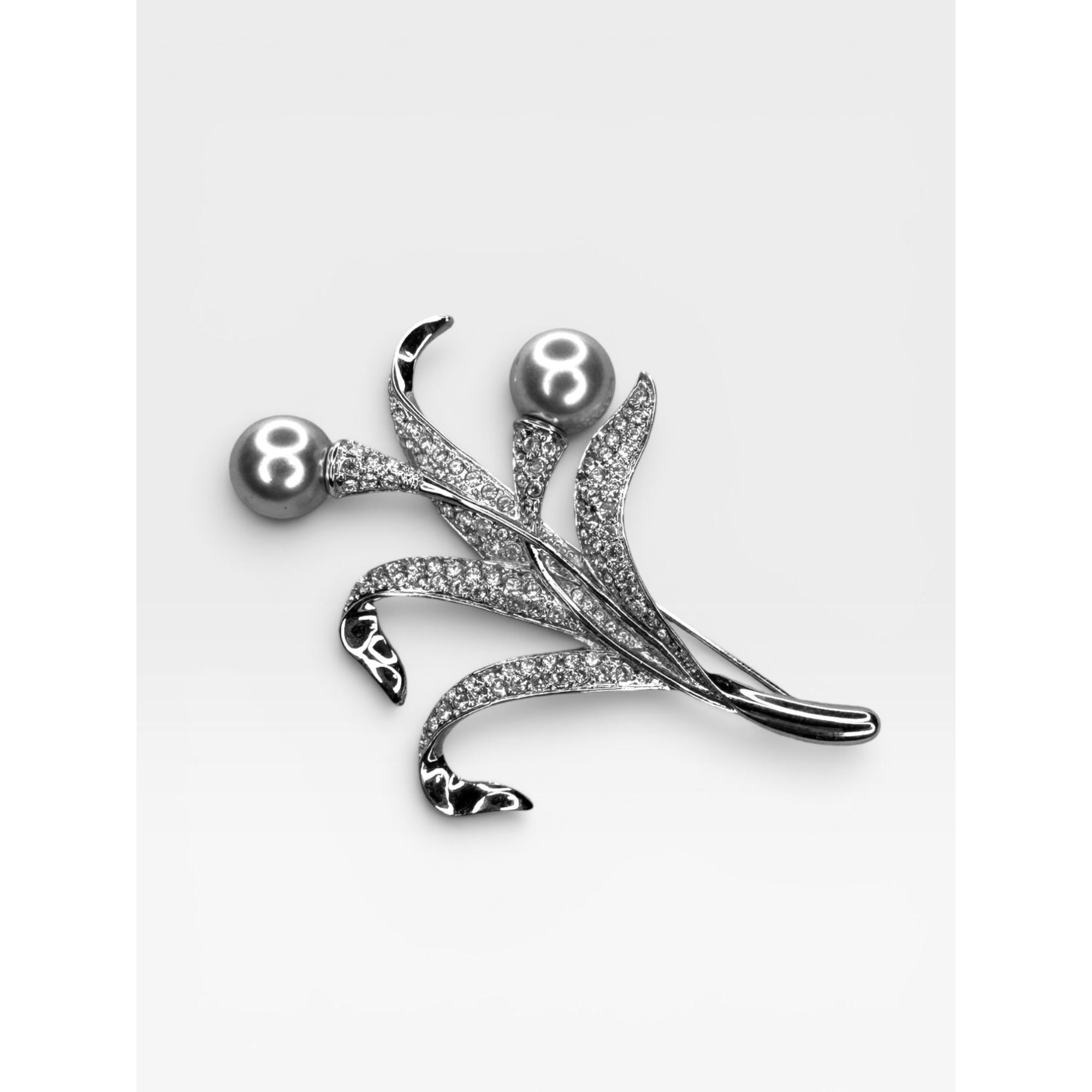 Swarovski Crystal Silver Glass Pearl Floral Spray Brooch Pin