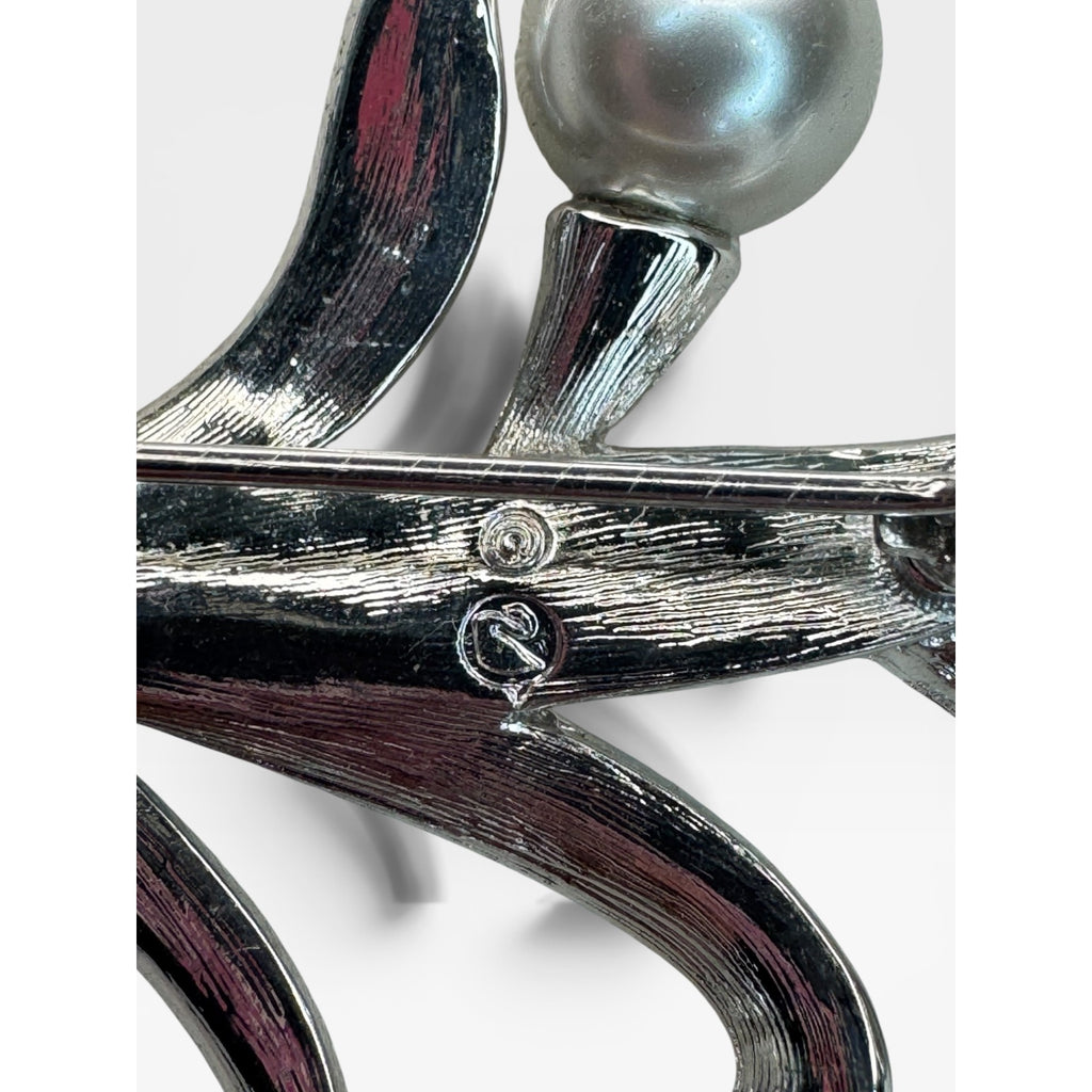 Swarovski Crystal Silver Glass Pearl Floral Spray Brooch Pin