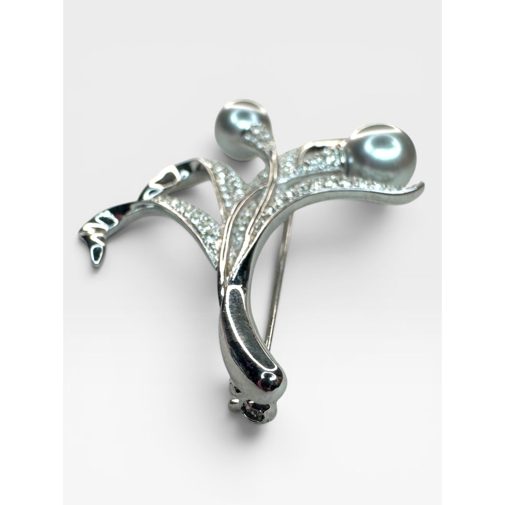 Swarovski Crystal Silver Glass Pearl Floral Spray Brooch Pin