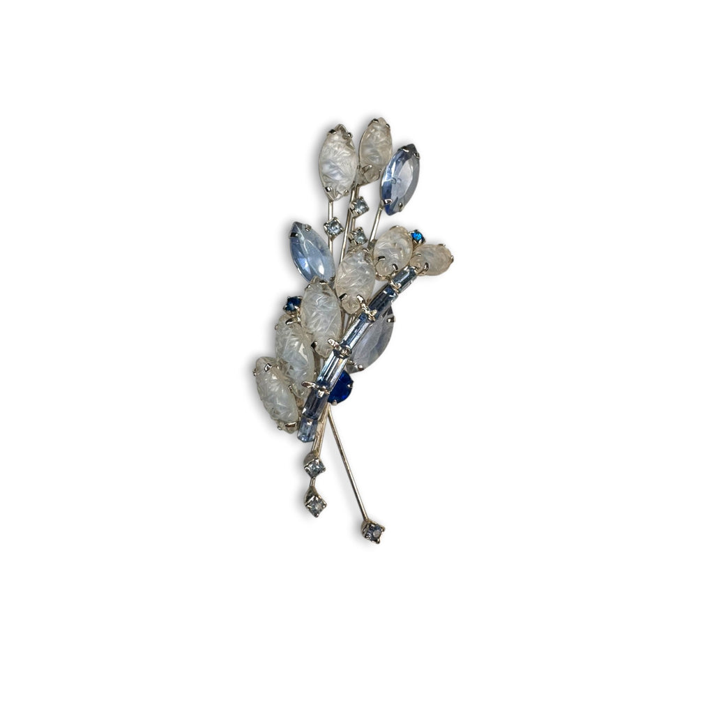 1950s Blue Crystal Molded Glass Brooch Earring Set Vintage Floral