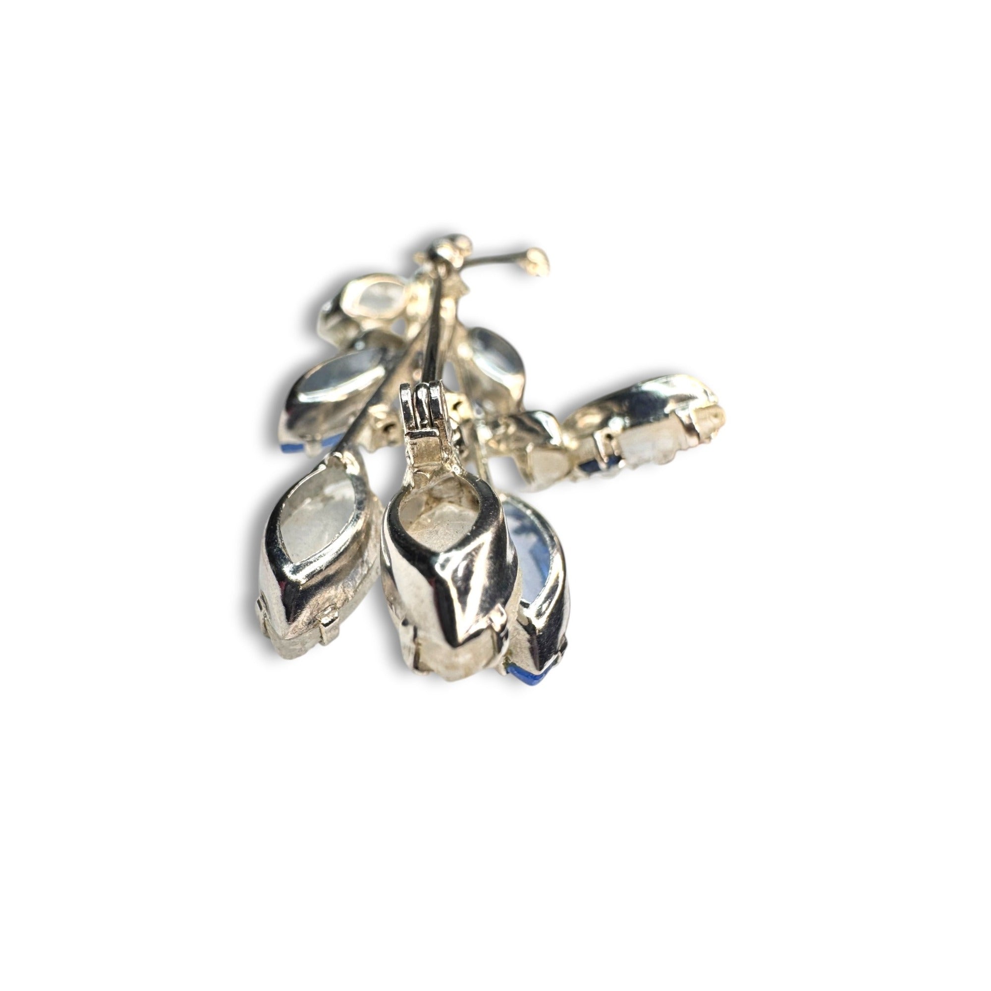 1950s Blue Crystal Molded Glass Brooch Earring Set Vintage Floral