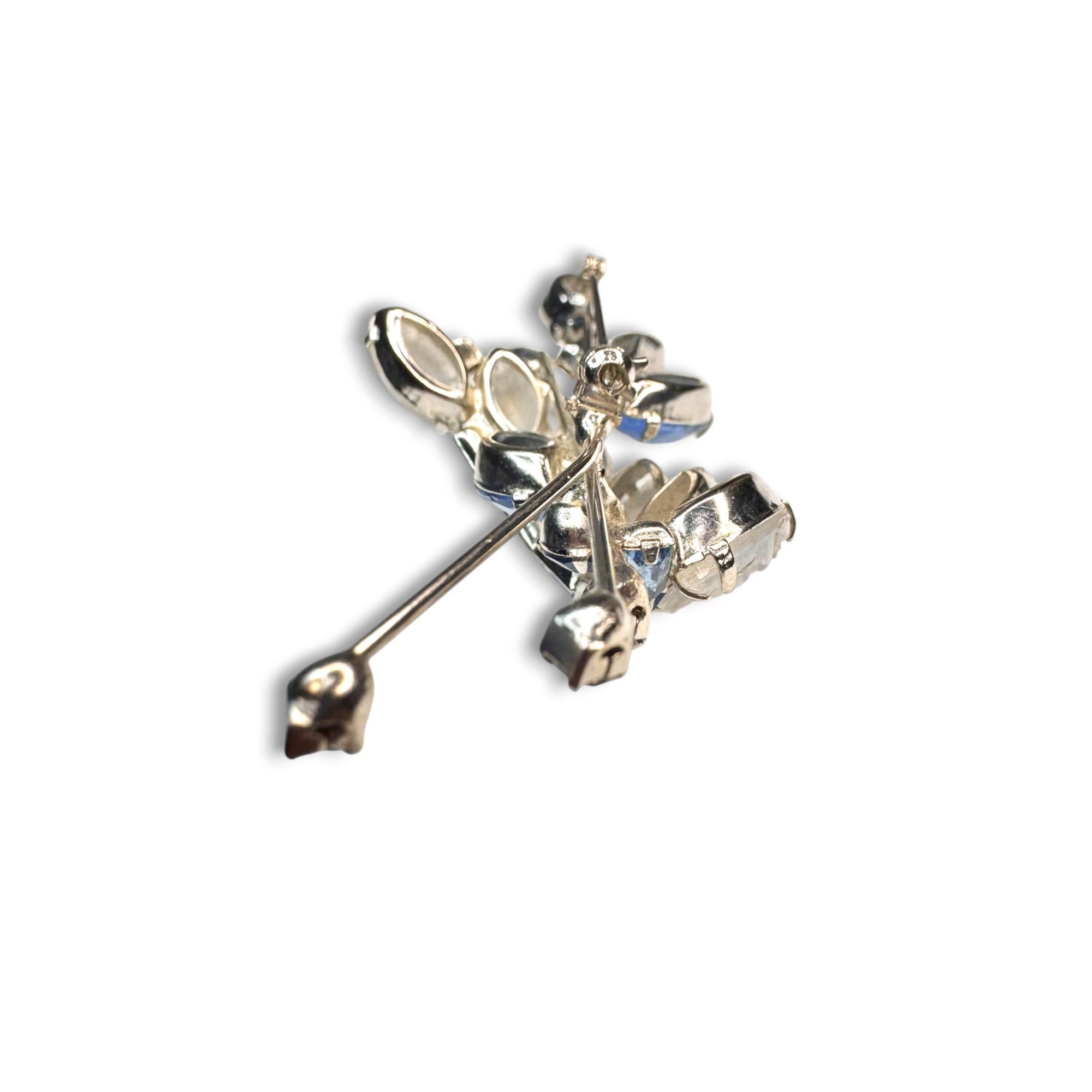 1950s Blue Crystal Molded Glass Brooch Earring Set Vintage Floral