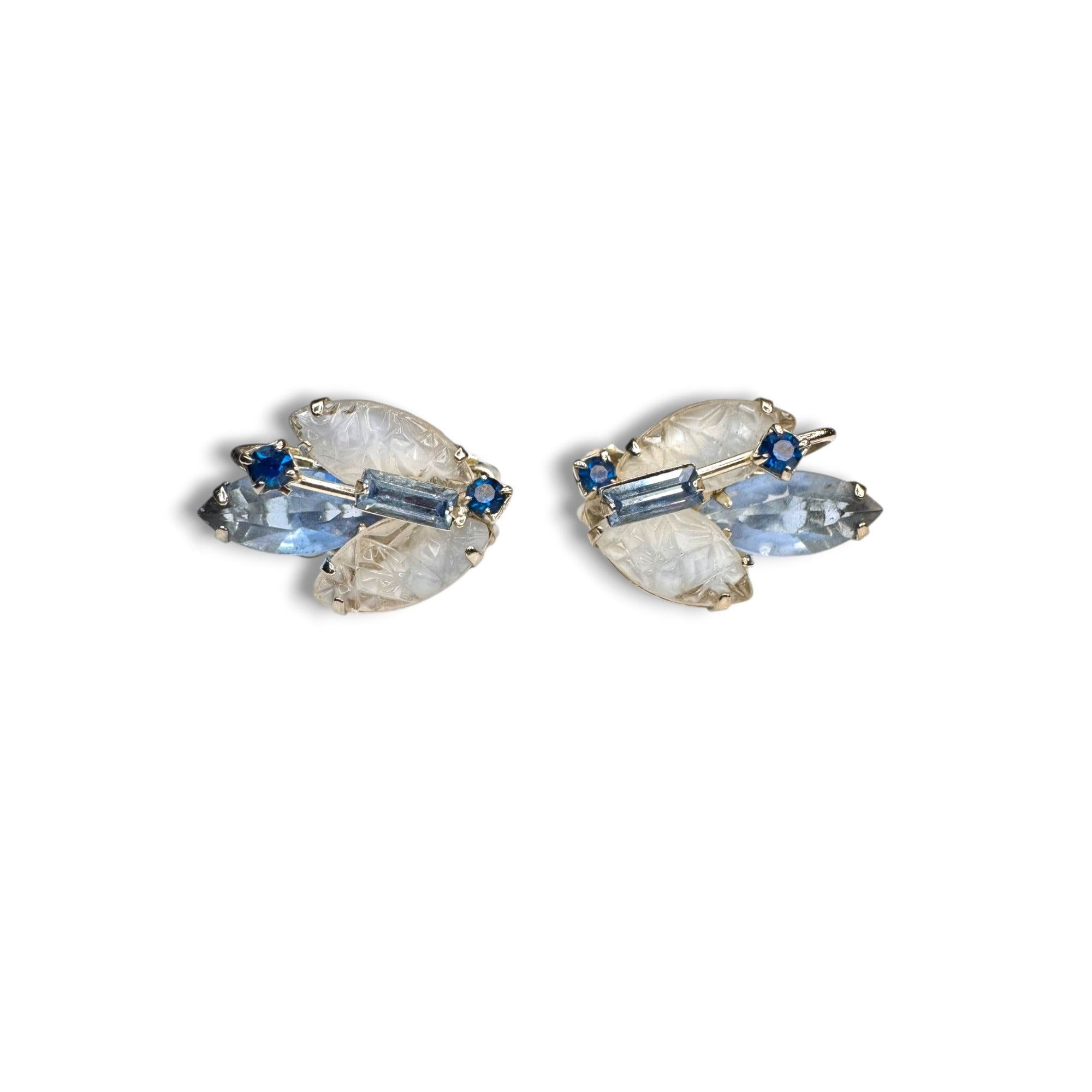 1950s Blue Crystal Molded Glass Brooch Earring Set Vintage Floral