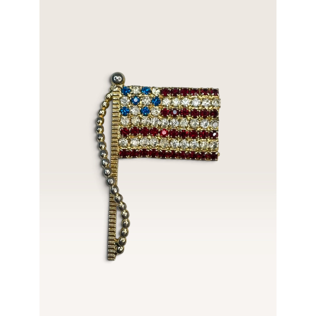 Rafaelian 1980s Gold Tone Rhinestone US American Flag Pole Brooch Pin 1.92"