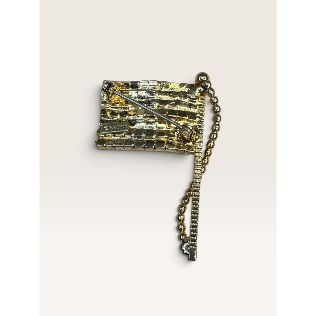 Rafaelian 1980s Gold Tone Rhinestone US American Flag Pole Brooch Pin 1.92"