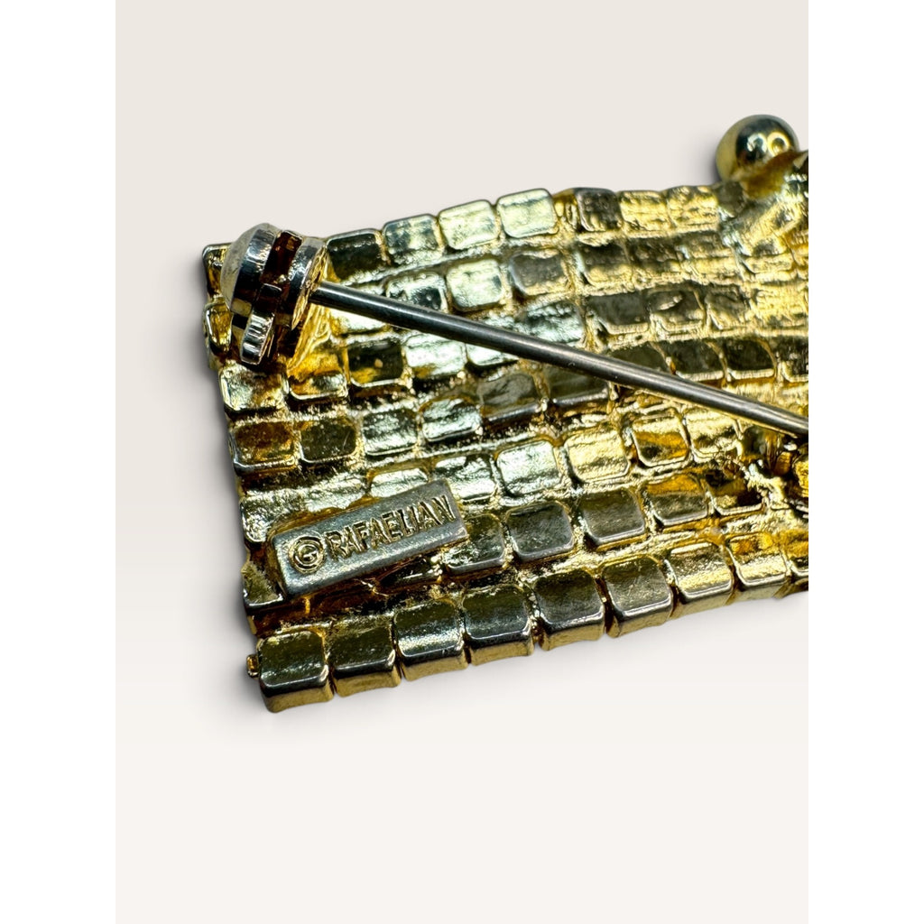 Rafaelian 1980s Gold Tone Rhinestone US American Flag Pole Brooch Pin 1.92"