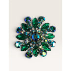 1960s Emerald Green Glass & Aurora Borealis Crystal Starburst Brooch Gold Tone
