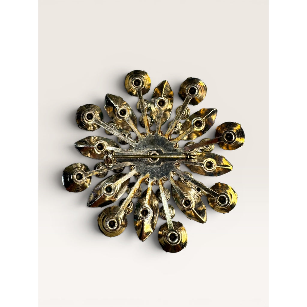 1960s Emerald Green Glass & Aurora Borealis Crystal Starburst Brooch Gold Tone