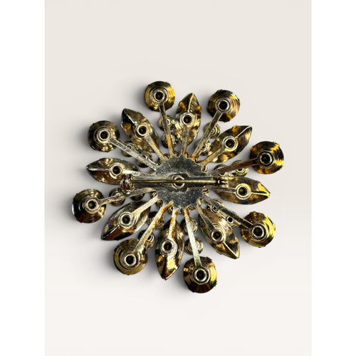 1960s Emerald Green Glass & Aurora Borealis Crystal Starburst Brooch Gold Tone