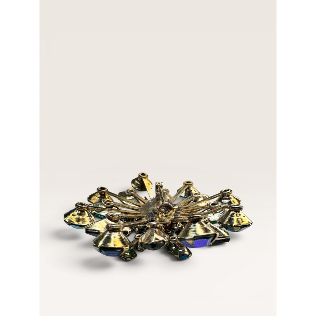 1960s Emerald Green Glass & Aurora Borealis Crystal Starburst Brooch Gold Tone