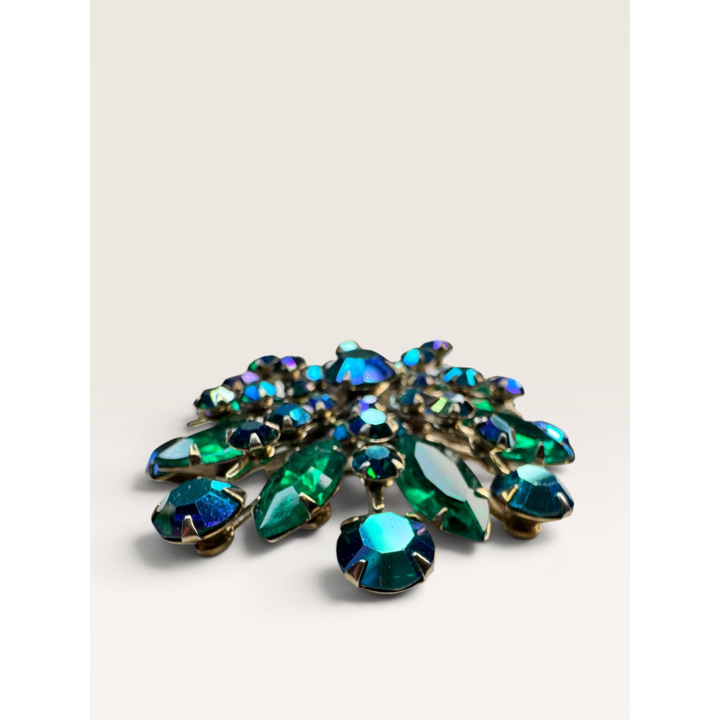 1960s Emerald Green Glass & Aurora Borealis Crystal Starburst Brooch Gold Tone