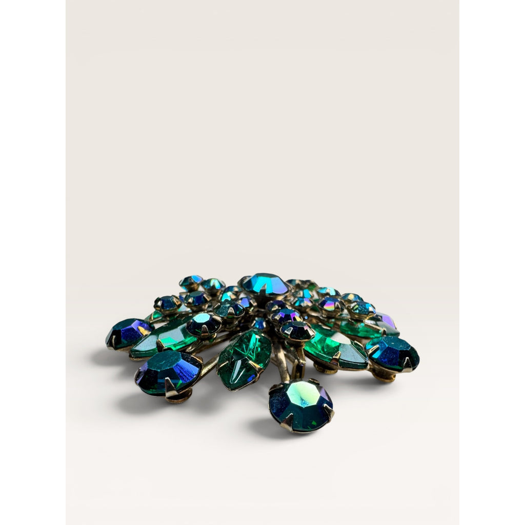 1960s Emerald Green Glass & Aurora Borealis Crystal Starburst Brooch Gold Tone