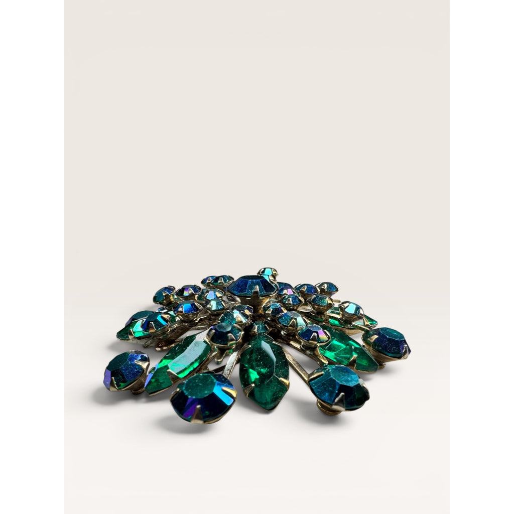 1960s Emerald Green Glass & Aurora Borealis Crystal Starburst Brooch Gold Tone